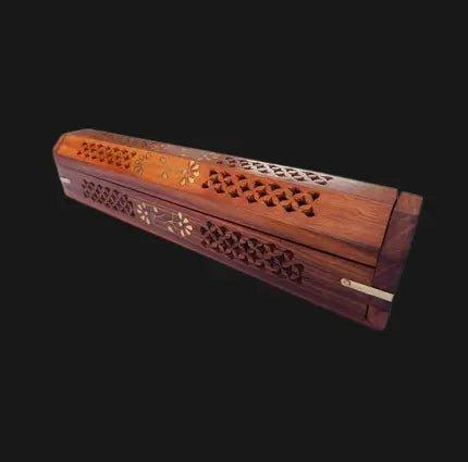 Sheesham Wood Hand Carved Coffin Incense Burner Brass Inlays &amp; Storage - Lacatang Spiritual